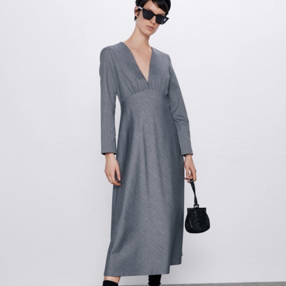 Zara NWT gray herringbone patterned v-neck midi dress Size XS - Picture 5 of 7